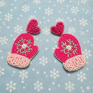 Mitten Snowflake Bead Earrings - Pink & Silver